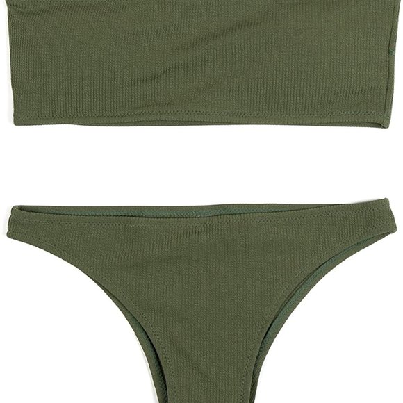 Lemon Fish Other - Womens Ribbed Bandeau Two Pieces Bikini Army Green